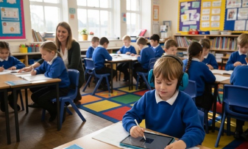 A classroom with several children seated at tables working on assignments. One child in the foreground is using a tablet with a stylus and wearing lar
